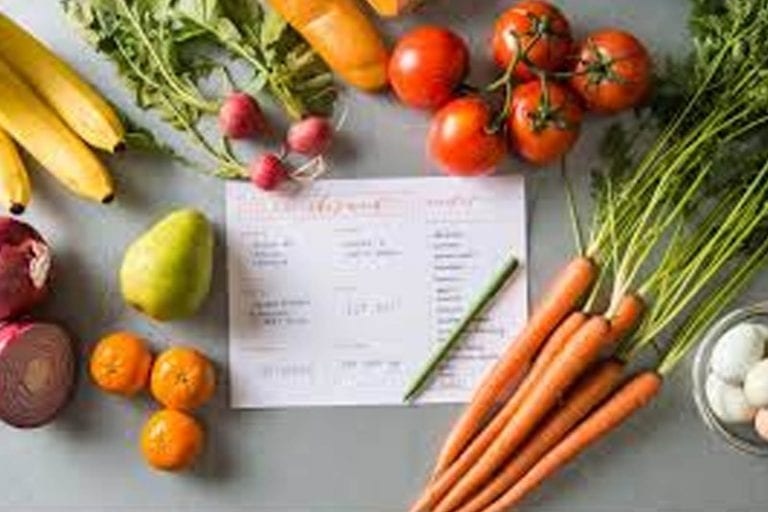 grocery list with colorful fruits and veggies all around