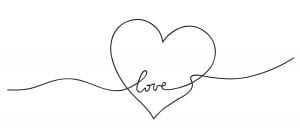 white heart with black outline and love written inside